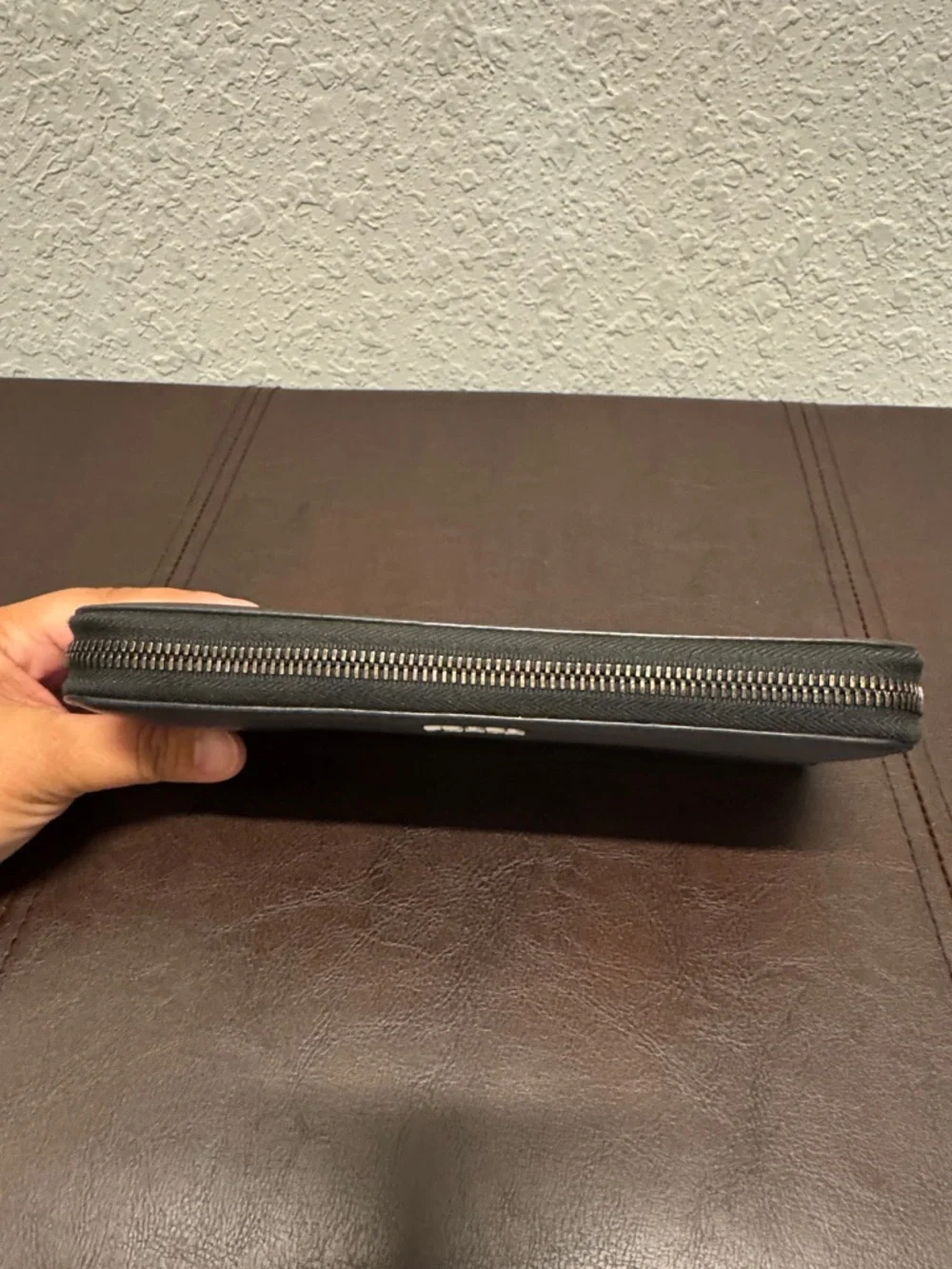 PRADA Black and White Saffiano Zip Wallet